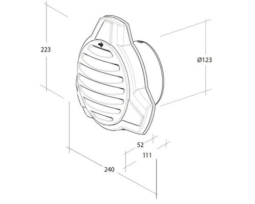 Technische tekening van een ronde muurkast met afmetingen 223 x 240 x 123 millimeter