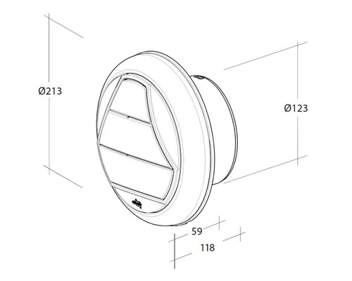 Technische tekening van een ronde schotelklep met de afmetingen diameter 213 millimeter, diameter 123 millimeter, 59 millimeter en 118 millimeter.