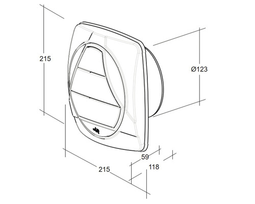 Technische tekening van een ventilator met maatvoering