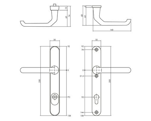 Technische tekening van een deurklink met afmetingen