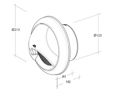 Technische tekening van een rond schotelventiel met de afmetingen diameter 213 millimeter en 123 millimeter en 83 millimeter en 142 millimeter