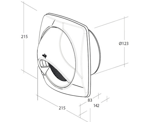 Technische tekening van een wandventilator met afmetingen
