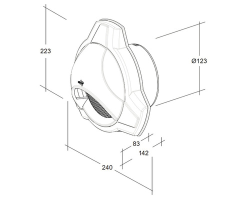 Technische tekening van een wandventilator met afmetingen.