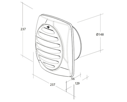 Technische tekening van een wandventilator met afmetingen