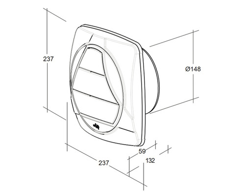 Technische tekening van een wandventilator met afmetingen