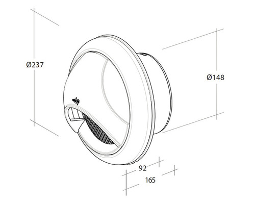 Technische tekening van een ronde muurdoorvoer met diameters van 237 millimeter en 148 millimeter, en dieptegegevens van 92 millimeter en 165 millimeter