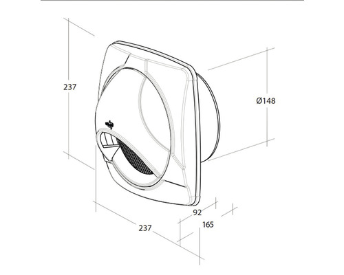 Technische tekening van een wandventilator met afmetingen
