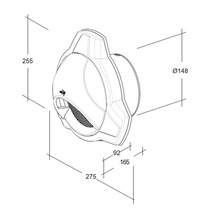 Technische tekening van een wandventilator met afmetingen