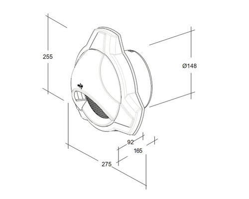 Technische tekening van een wandventilator met afmetingen