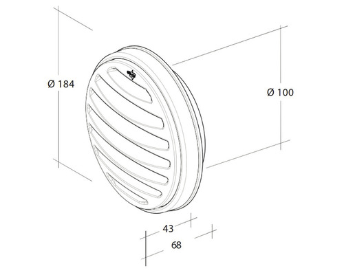 Technische tekening van een rond schotelventiel met de afmetingen diameter 184, diameter 100, 43 en 68.