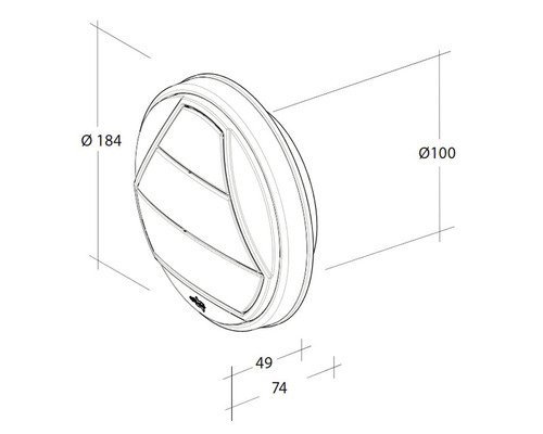 Technische tekening van een rond weerbestendig rooster met afmetingen van 184 mm diameter, 100 mm diameter en 49 mm en 74 mm diepte.