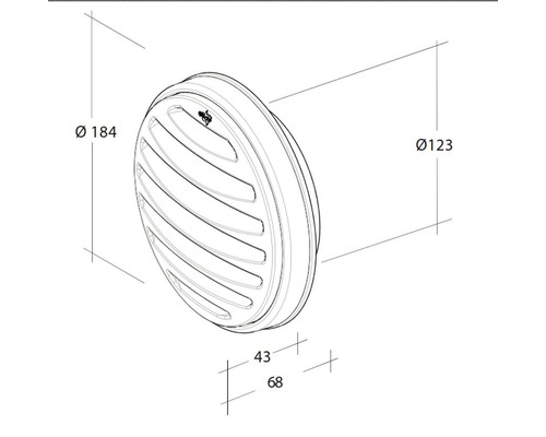 Technische tekening van een rond ventilatierooster met de afmetingen 184 mm diameter, 123 mm binnendiameter, 43 mm diepte en 68 mm totale diepte.