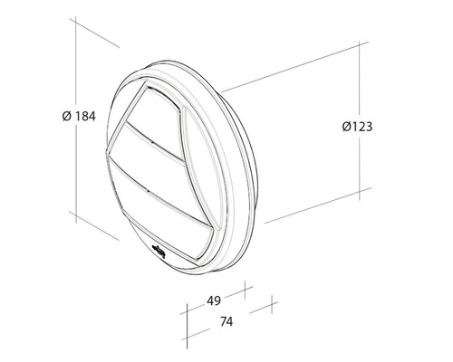 Technische tekening van een ronde afzuigkap met afmetingen