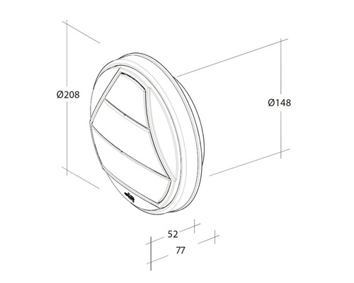Technische tekening van een rond toevoerventiel met afmetingen van 208 millimeter diameter, 148 millimeter diameter en 77 millimeter diepte