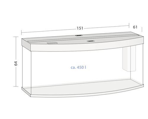 Illustratie van een circa 450 liter aquarium met maatvoering