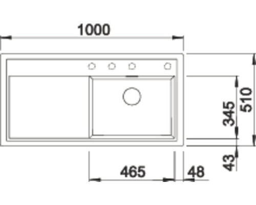 Technische tekening van een aanrechtspoelbak met afmetingen van 1000 x 510 millimeter.