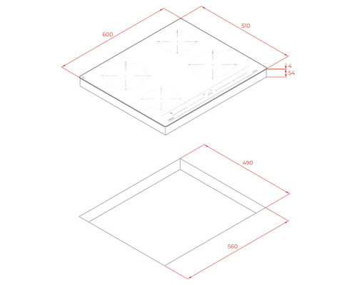 Maattekening van een kookplaat met vier kookzones