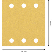 Schuurpapier met zes gaten en afmetingen van 115 mm bij 107 mm.