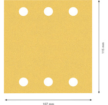 Schuurpapier met zes gaten en de afmetingen 115 bij 107 millimeter.