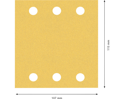 Schuurpapier met zes gaten en de afmetingen 115 bij 107 millimeter.