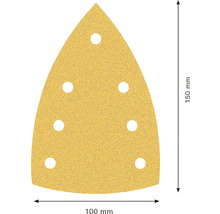 Driehoekig schuurpapier, 150 mm lang, 100 mm breed, met gaten voor stofafzuiging