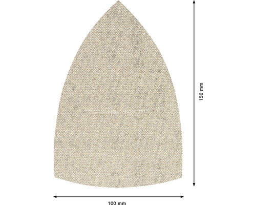 Driehoekig schuurpapier met afmetingen 100 mm x 150 mm.