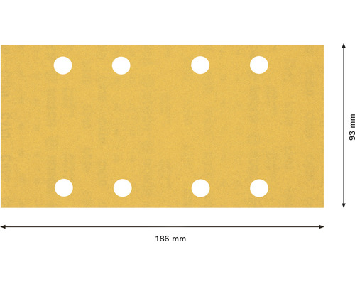 Schuurpapier met acht gaten en afmetingen 186 mm bij 93 mm.