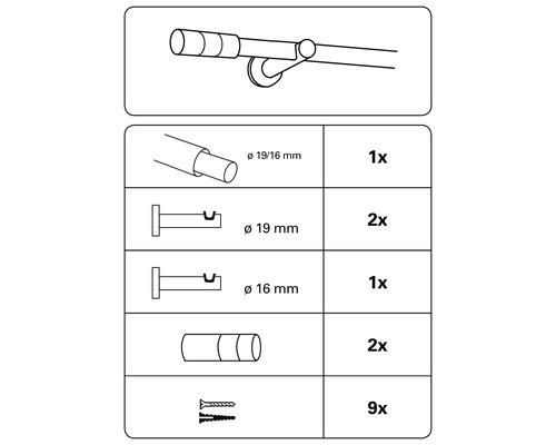 Afbeelding van de onderdelen van een gordijnroede met accessoires en schroeven