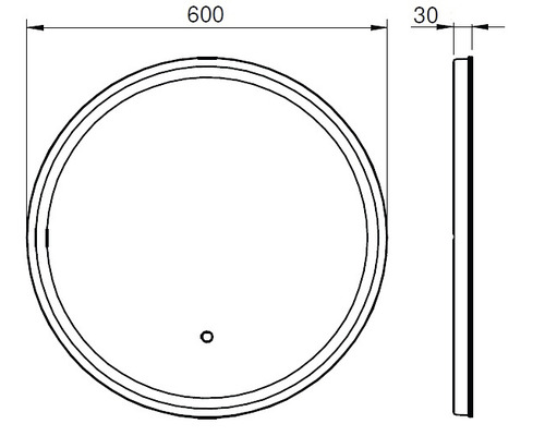 Technische tekening van een ronde spiegel met de afmetingen 600 bij 30 millimeter