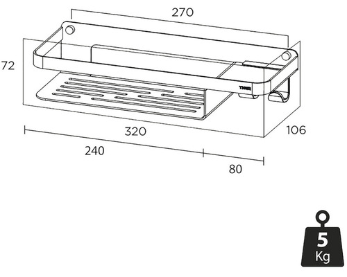 Technische tekening van een badkamerplank met maataanduidingen en een gewichtssymbool van 5 kilogram