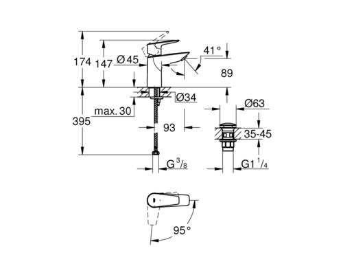 Technische tekening van een kraan met afmetingen
