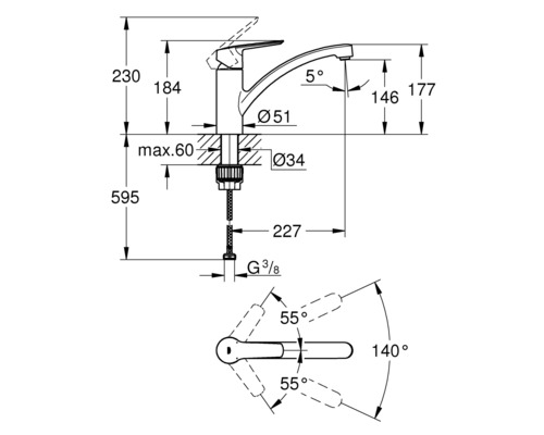 Technische tekening van een keukenkraan met maataanduidingen