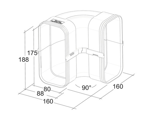 Technische tekening van een 90 graden hoekstuk met maataanduidingen