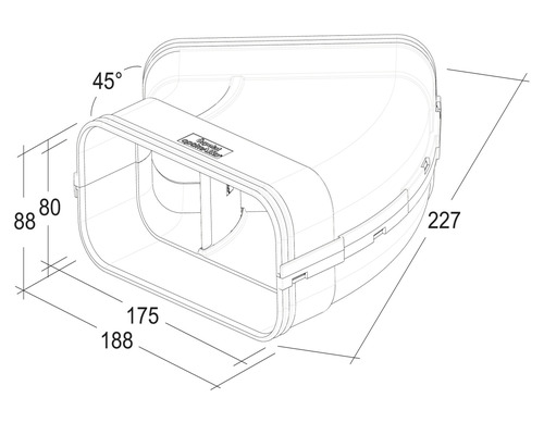 Technische tekening van een bocht van 45 graden met afmetingen van 88 bij 188 bij 227 millimeter.