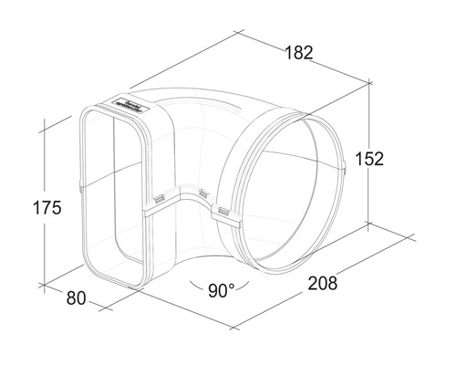 Technische tekening van een 90 graden hoekstuk met afmetingen