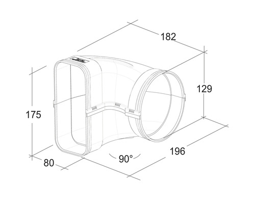 Technische tekening van een 90-gradenhoek met maatvoering