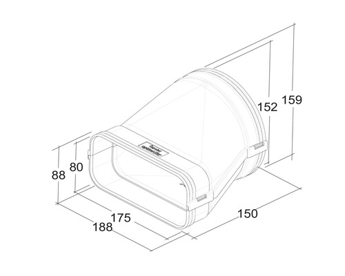 Technische tekening van een overgangsstuk met maatvoering