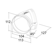 Technische tekening van een buisbocht met de afmetingen 112, 104, 113 en 127 millimeter en een hoek van 45 graden.