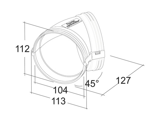 Technische tekening van een buisbocht met de afmetingen 112, 104, 113 en 127 millimeter en een hoek van 45 graden.