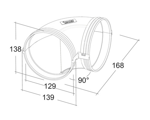 Afbeelding van een kanaalbocht met de afmetingen 138, 129, 139 en 168 millimeter en een hoek van 90 graden.