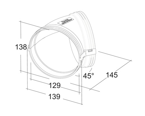 Technische tekening van een 45 graden buisbocht met afmetingen