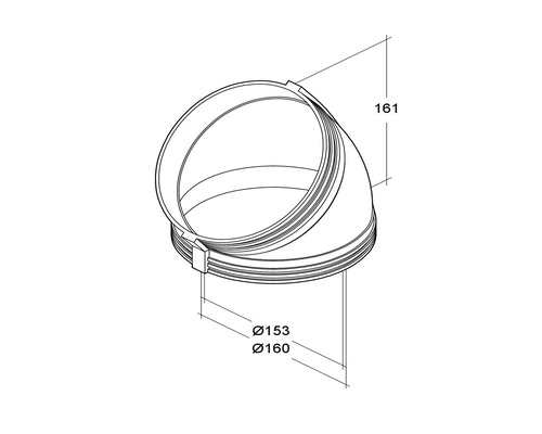 Afbeelding van een bocht met de afmetingen diameter 153 millimeter, diameter 160 millimeter en 161 millimeter