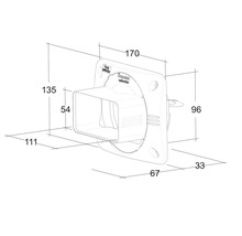 Technische tekening van een wandventilator met afmetingen