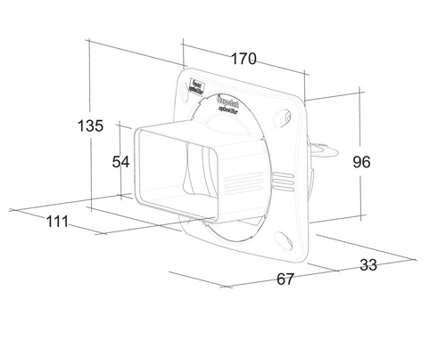 Technische tekening van een wandventilator met afmetingen