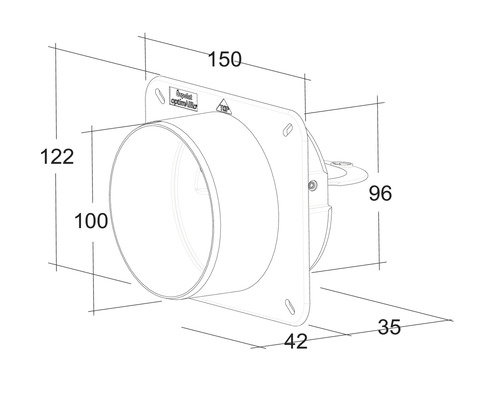 Technische tekening van een rond schotelventiel met afmetingen
