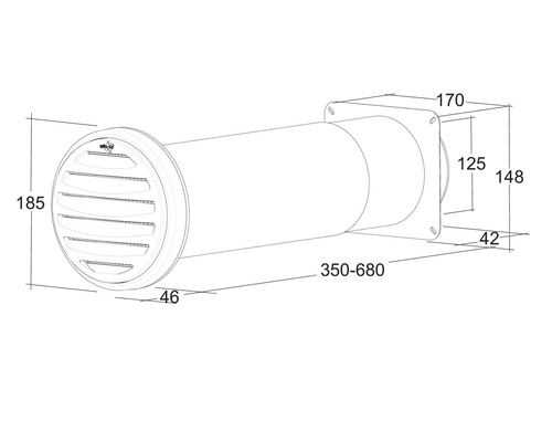Technische tekening van een muurdoorvoer met afmetingen