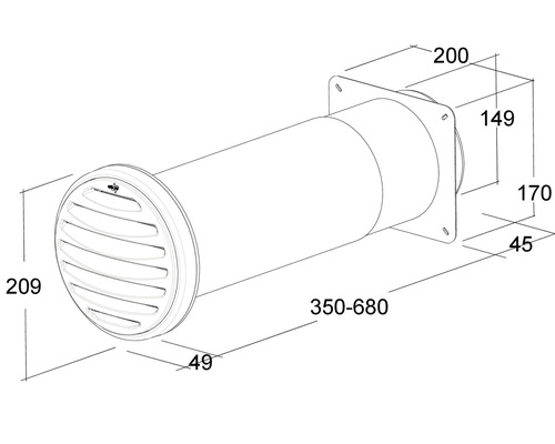Technische tekening van een muurdoorvoer met maatvoering