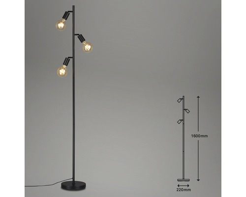 Zwarte staande lamp met drie lampen en afmetingen