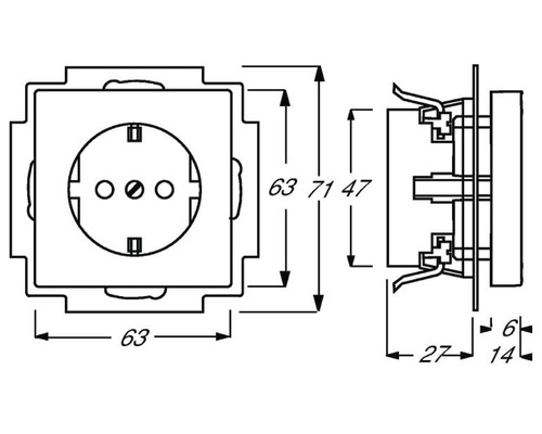 Technische tekening van een stopcontact met maatvoering