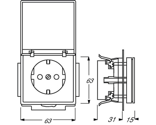 Tekening van een contactdoos met randaarde en klapdeksel inclusief maatvoering.